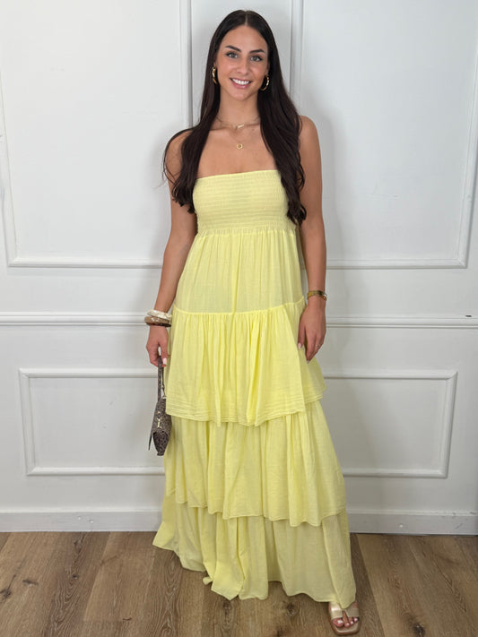 Nina Strapless Ruffle Jurk Geel