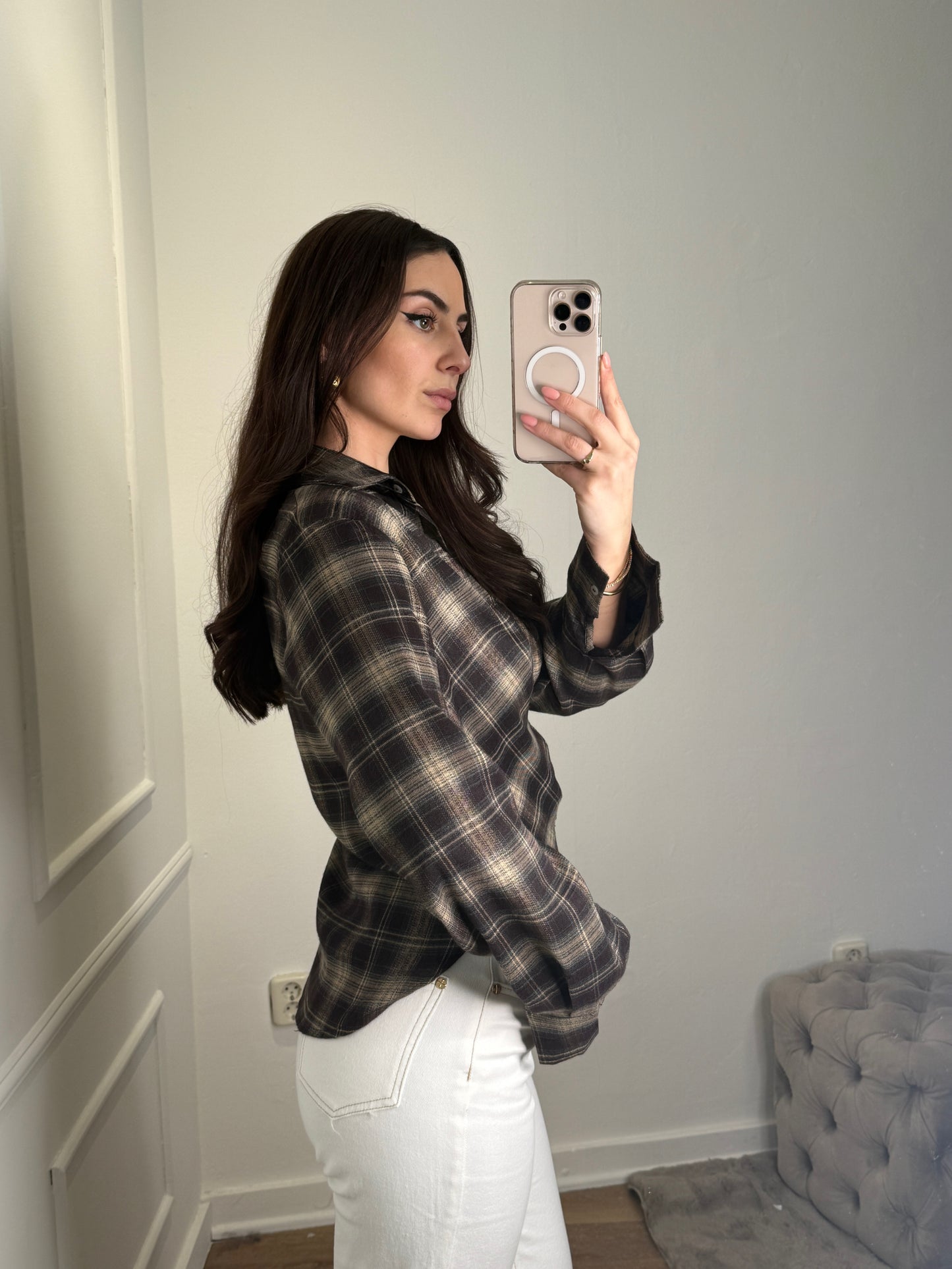 Waist blouse geruit - bruin