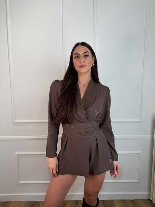 Floor jumpsuit met glitters bruin
