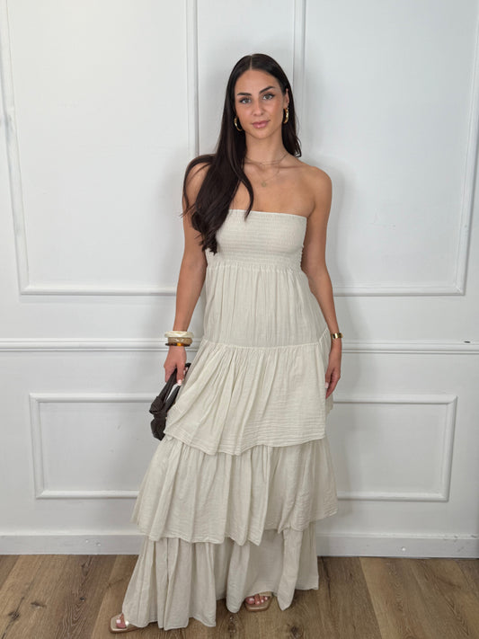 Nina Strapless Ruffle Jurk Beige