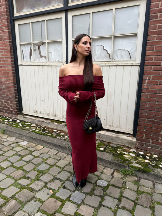 Knit jurk lang bordeaux
