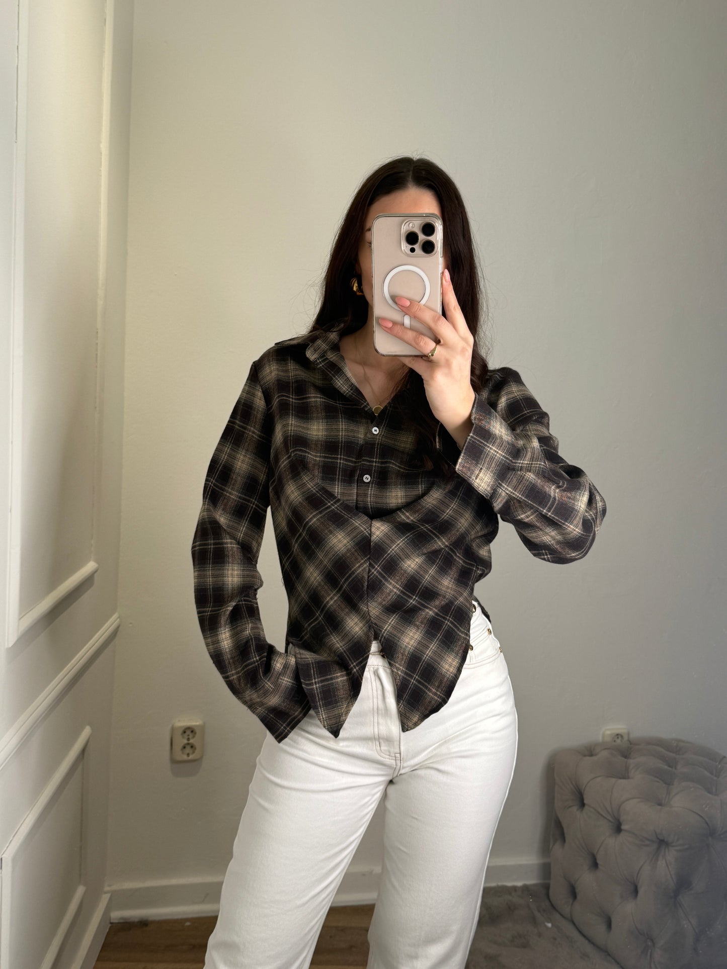 Waist blouse geruit - bruin