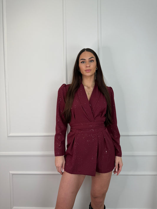 Floor jumpsuit met glitters bordeaux