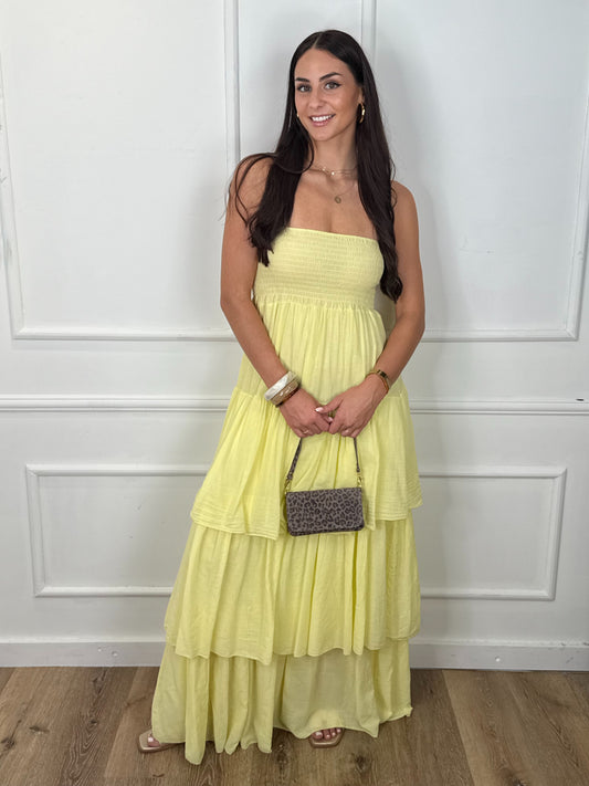 Nina Strapless Ruffle Jurk Geel