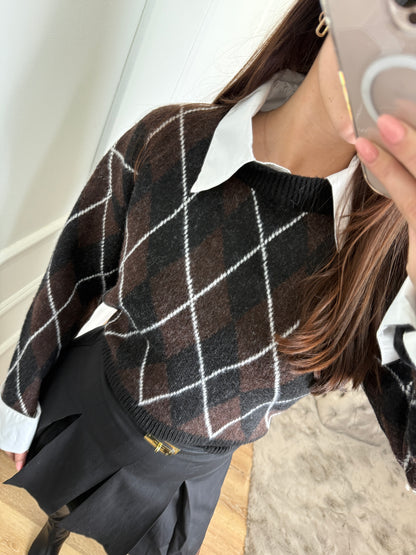 Trui met blouse - geruit bruin