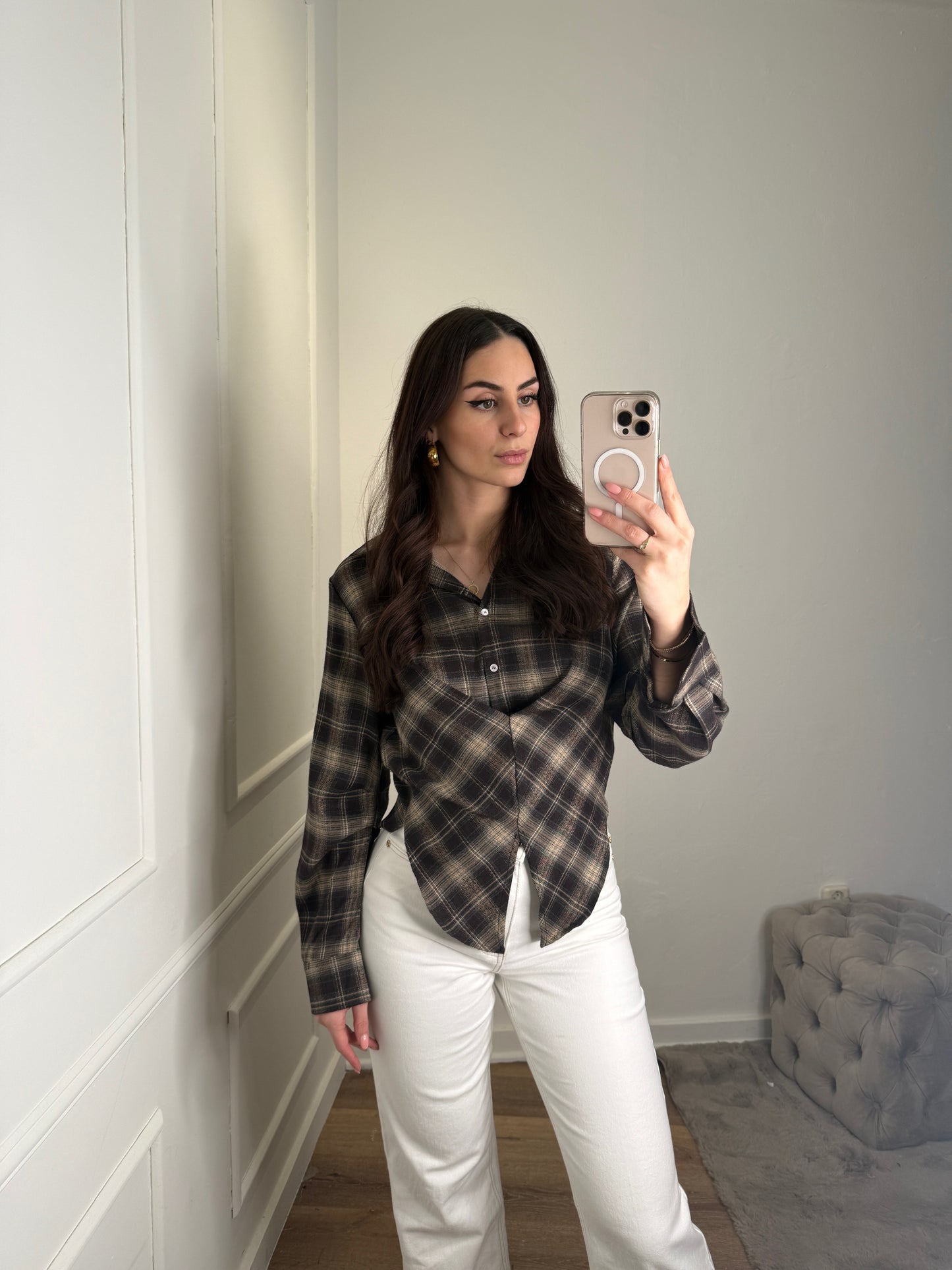 Waist blouse geruit - bruin