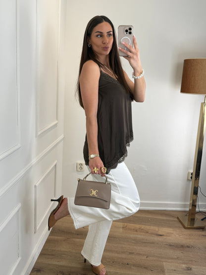 Lace satin top bruin