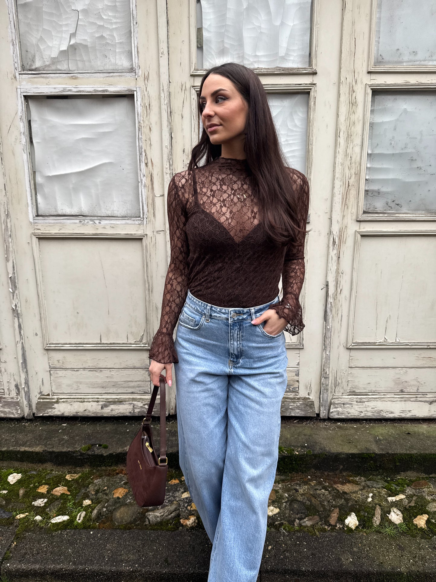 Brooklyn kanten top - bruin