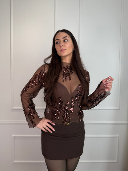Glitter mesh top bruin