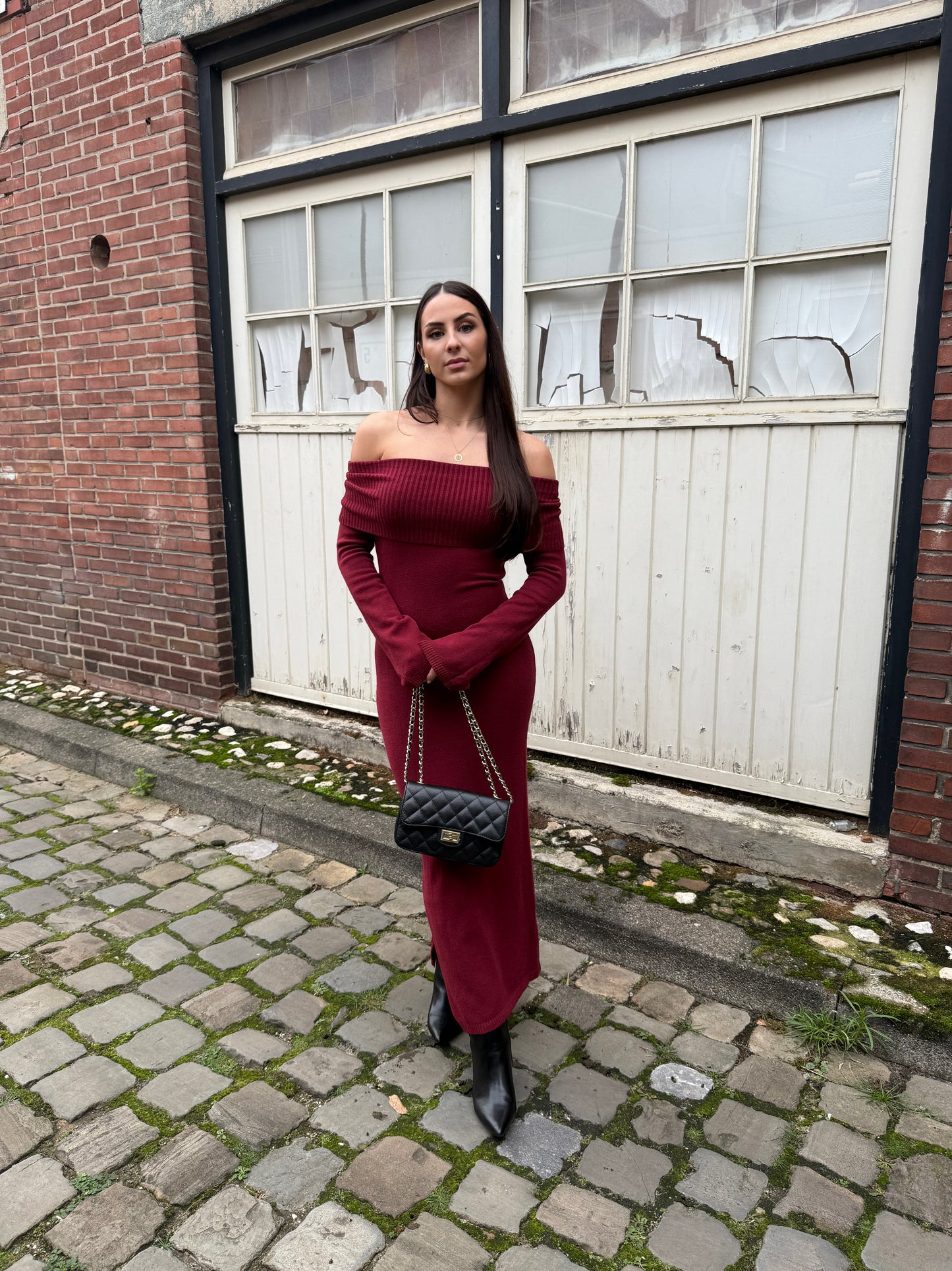 Knit jurk lang bordeaux