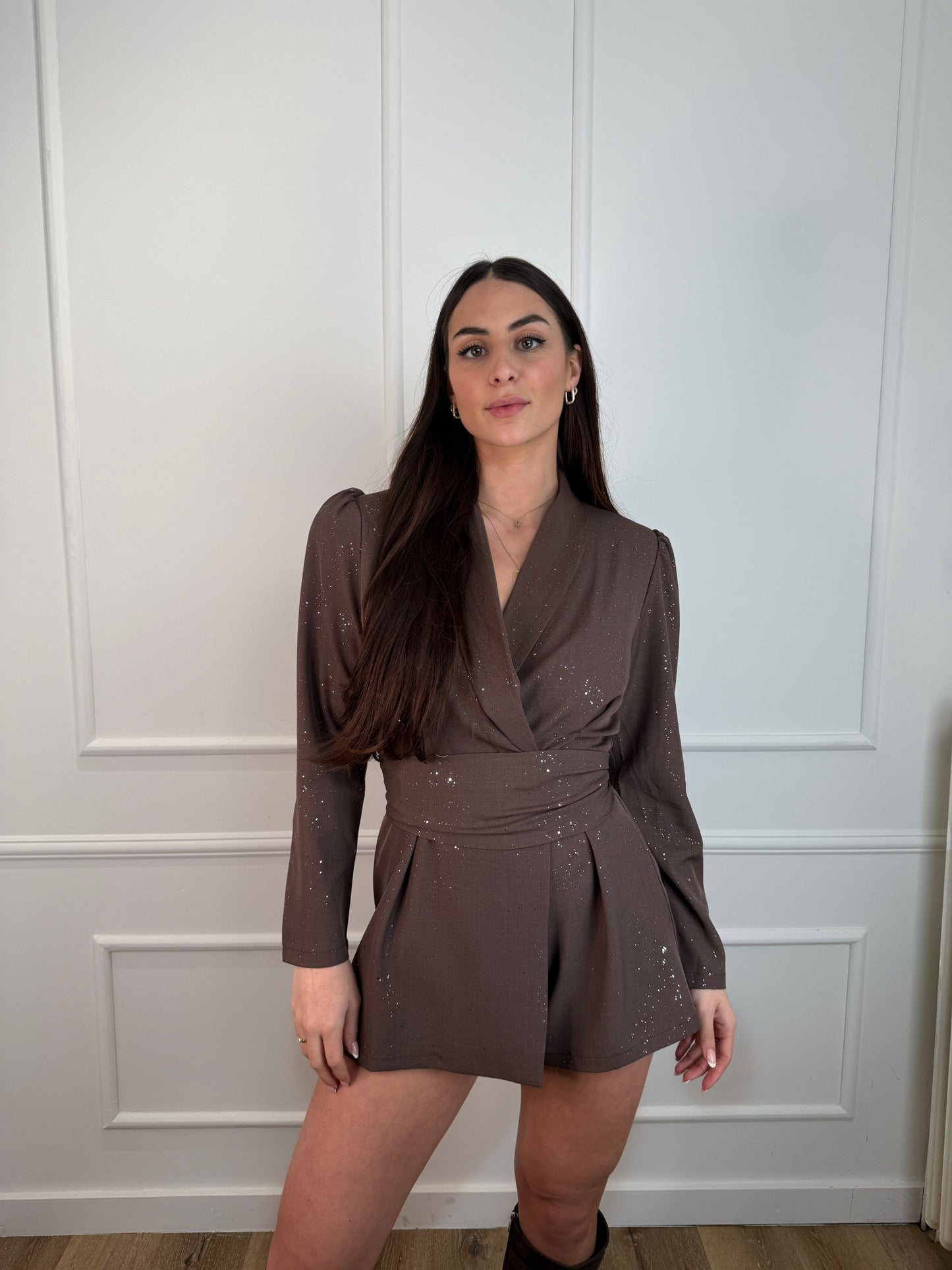 Floor jumpsuit met glitters bruin