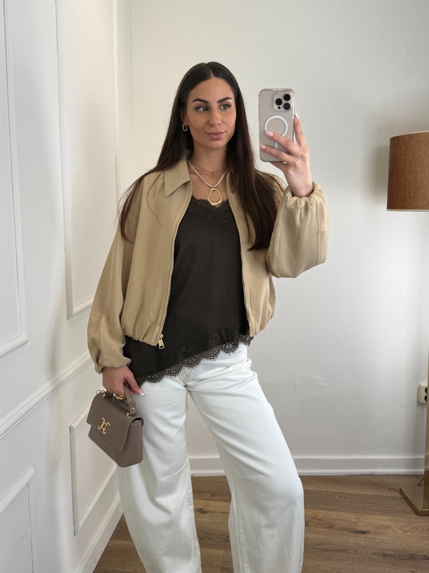 Lace satin top bruin