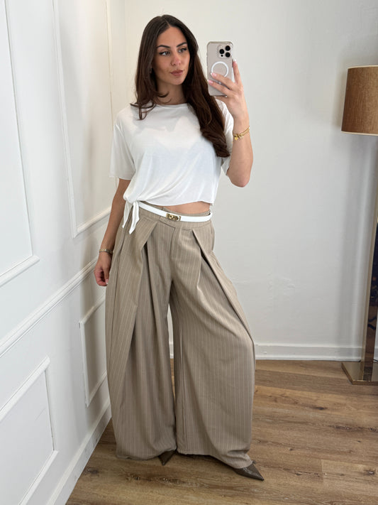 Plooien broek extra lang - stripe taupe