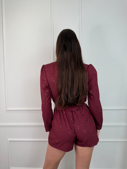 Floor jumpsuit met glitters bordeaux