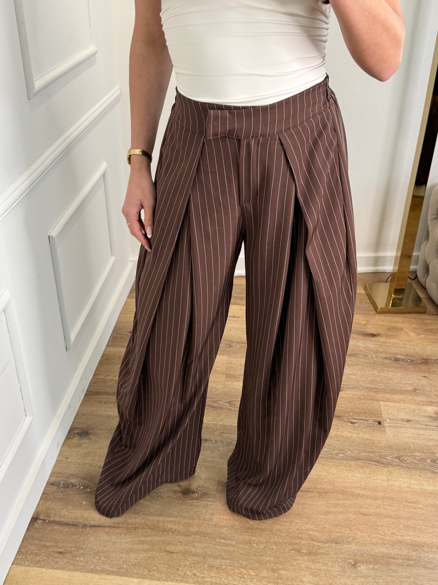 Plooien broek extra lang - stripe bruin