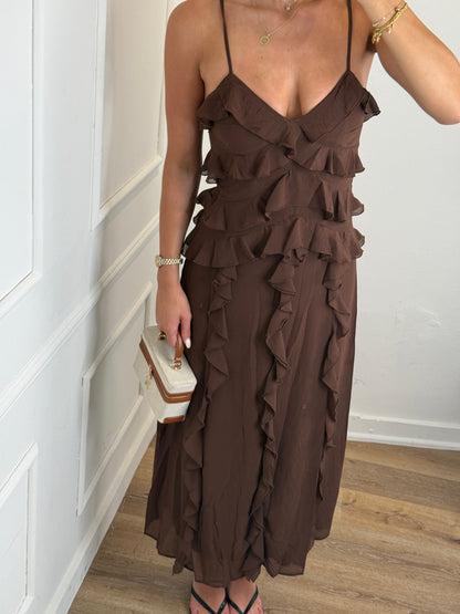 Fleur Volant Jurk - Brown