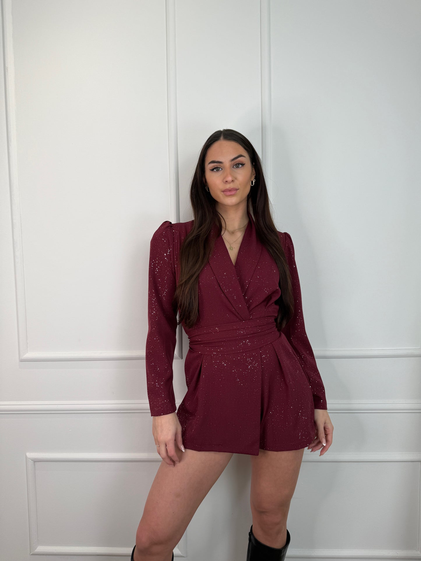 Floor jumpsuit met glitters bordeaux