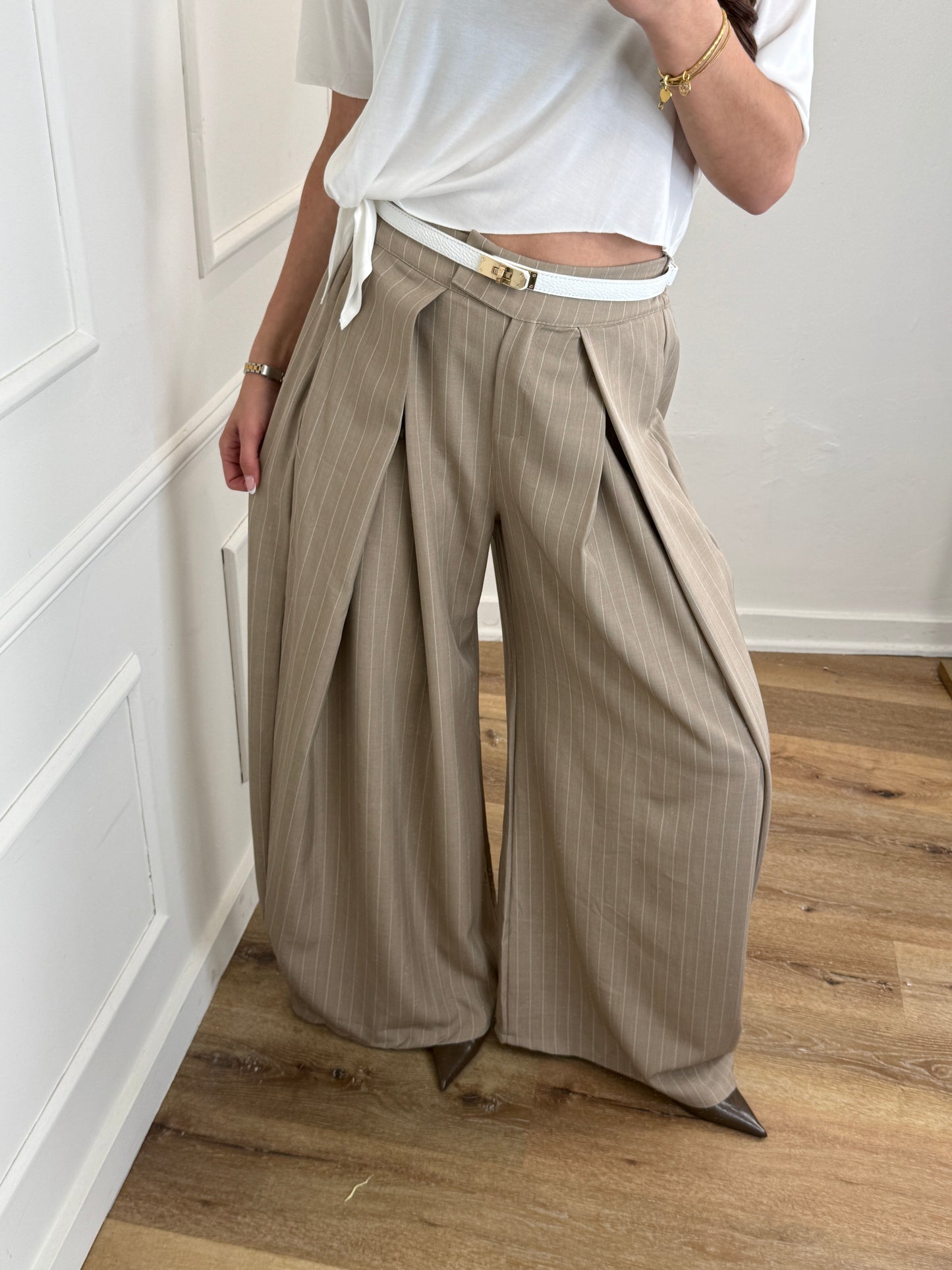 Plooien broek extra lang - stripe taupe