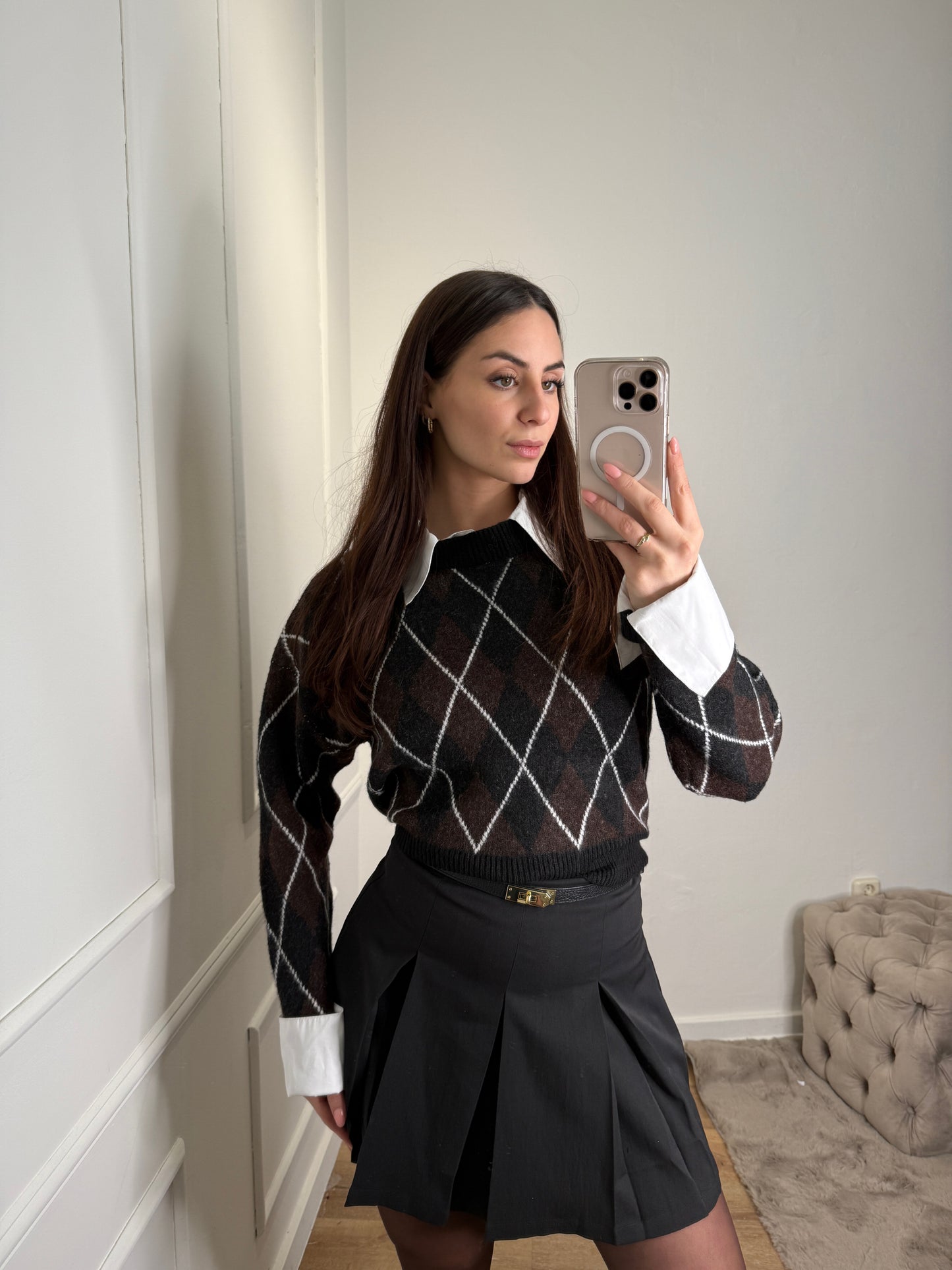 Trui met blouse - geruit bruin