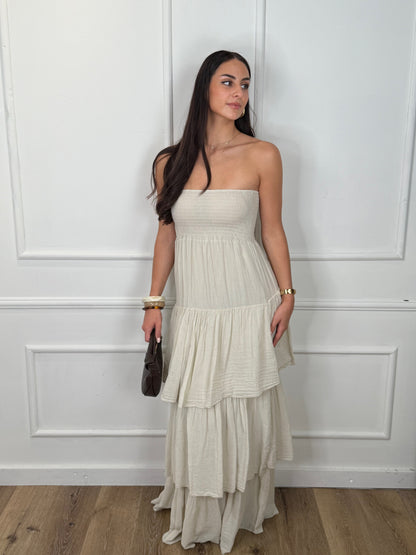 Nina Strapless Ruffle Jurk Beige
