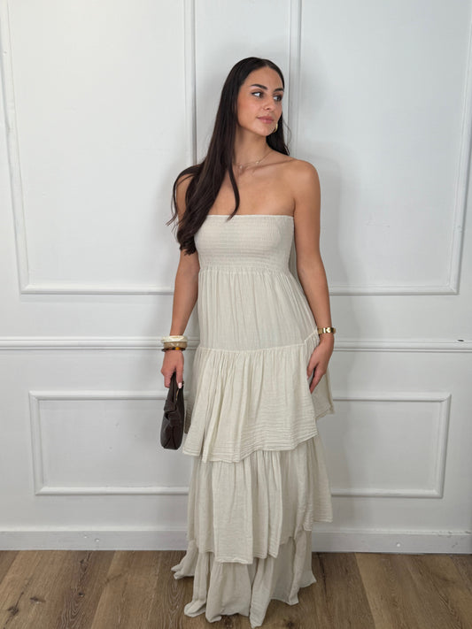 Nina Strapless Ruffle Jurk Beige