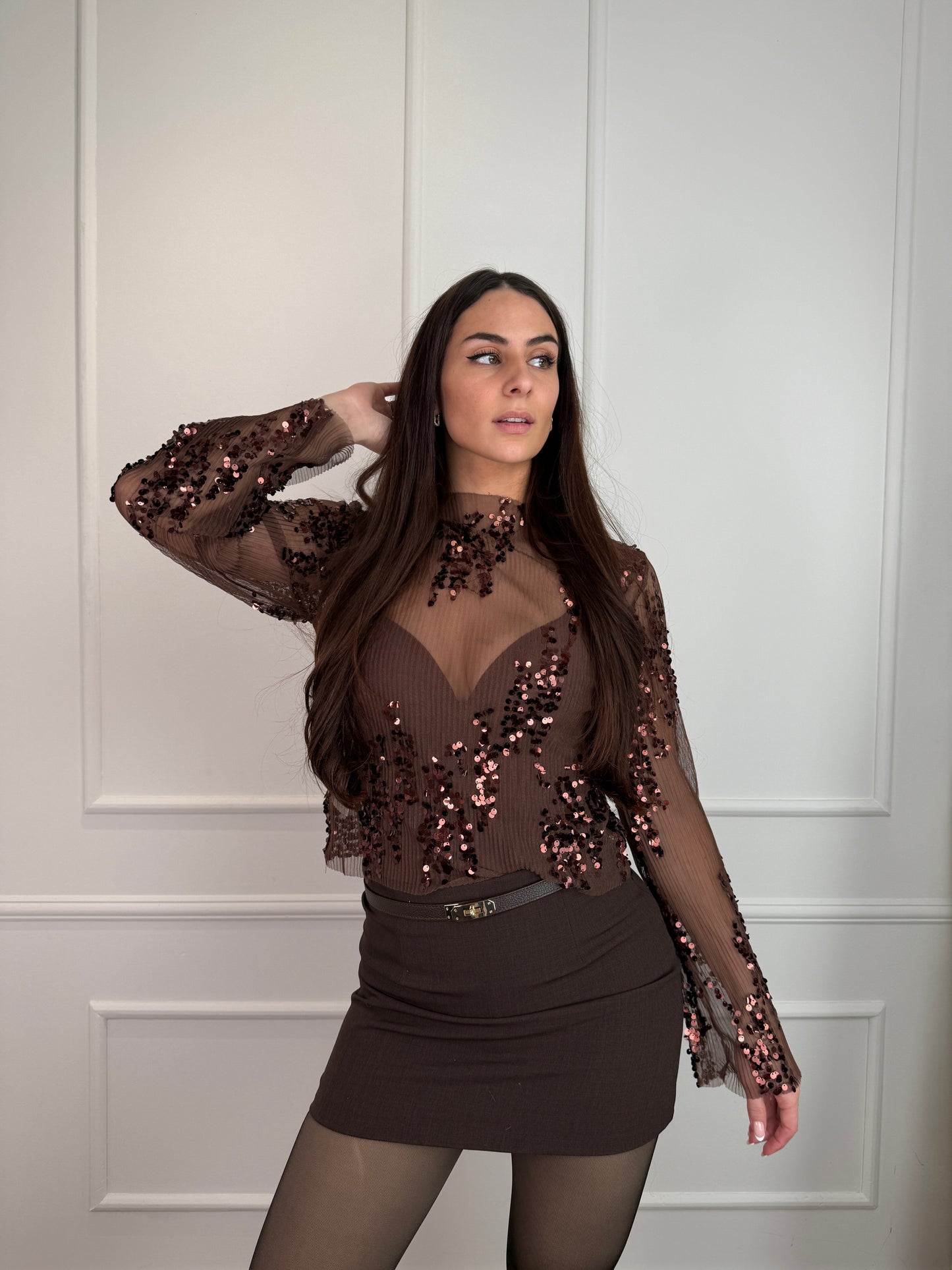 Glitter mesh top bruin