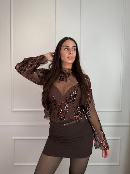 Glitter mesh top bruin