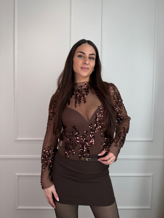 Glitter mesh top bruin